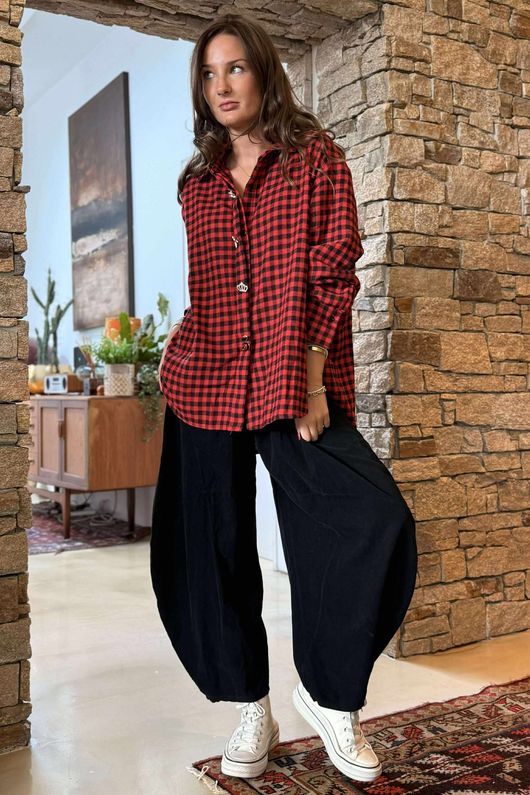 Zeta Otto Brushed Cotton Plaid Shirt Red Black